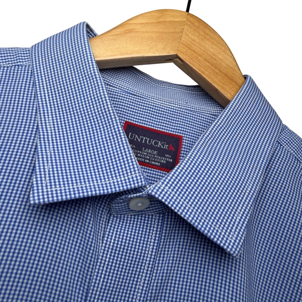 UNTUCKit Mens Large Blue Gingham Check Button Front Long Sleeve Shirt Stretch